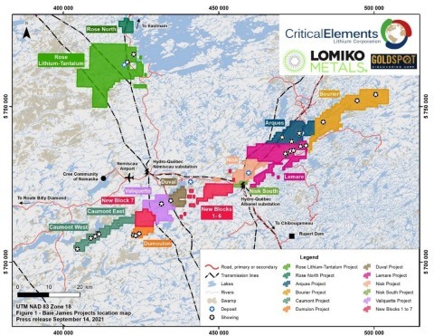 Figure 1: Location of Critical Elements’ projects, Eeyou Istchee, James Bay, Québec. Critical Elements and Lomiko Metals’ Bourier project on the Northeastern part of the Nemiscau belt. (Graphic: Business Wire)