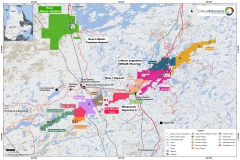 Figure 1. Location of known lithium deposits and showing and Bourier (in gold) Showing in the James Bay area of Quebec. (Graphic: Business Wire)