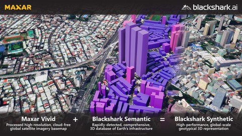 Blackshark.ai will leverage Maxar’s global cloudless satellite imagery basemap, Vivid, to create a highly performant and photo-realistic 3D map for enterprise and government customers in industries such as gaming, metaverse, simulation and mixed reality environments. (Graphic: Maxar Technologies)