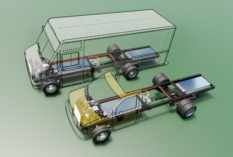 The eChassis will support a range of commercial vehicle applications (artist’s rendering). Image: D. Bennett / Lightning eMotors.