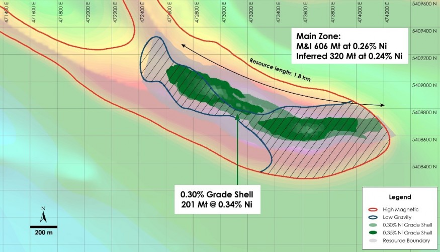 Figure 1 – Plan view of Crawford and MacDiarmid Properties – Outline of Gravity Low and Magnetic High geophysics anomaly overlain on total field magnetic intensity, Crawford and MacDiarmid Township, Ontario. Note: Property continues beyond map boundary. (CNW Group/Canada Nickel Company Inc.)