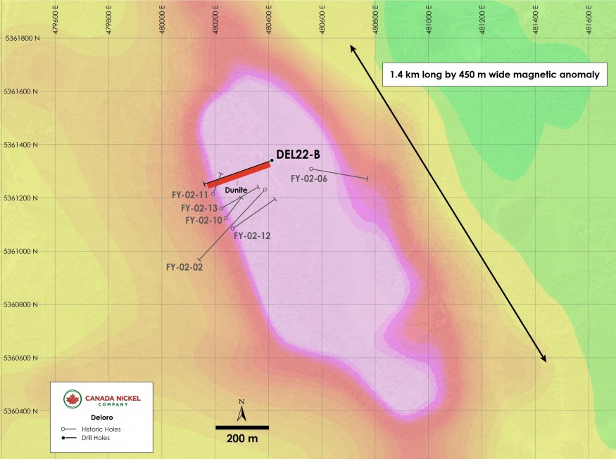 Figure A – Plan View of Deloro – Current Drill Results Overlain on Total Field Magnetic Intensity (CNW Group/Canada Nickel Company Inc.)