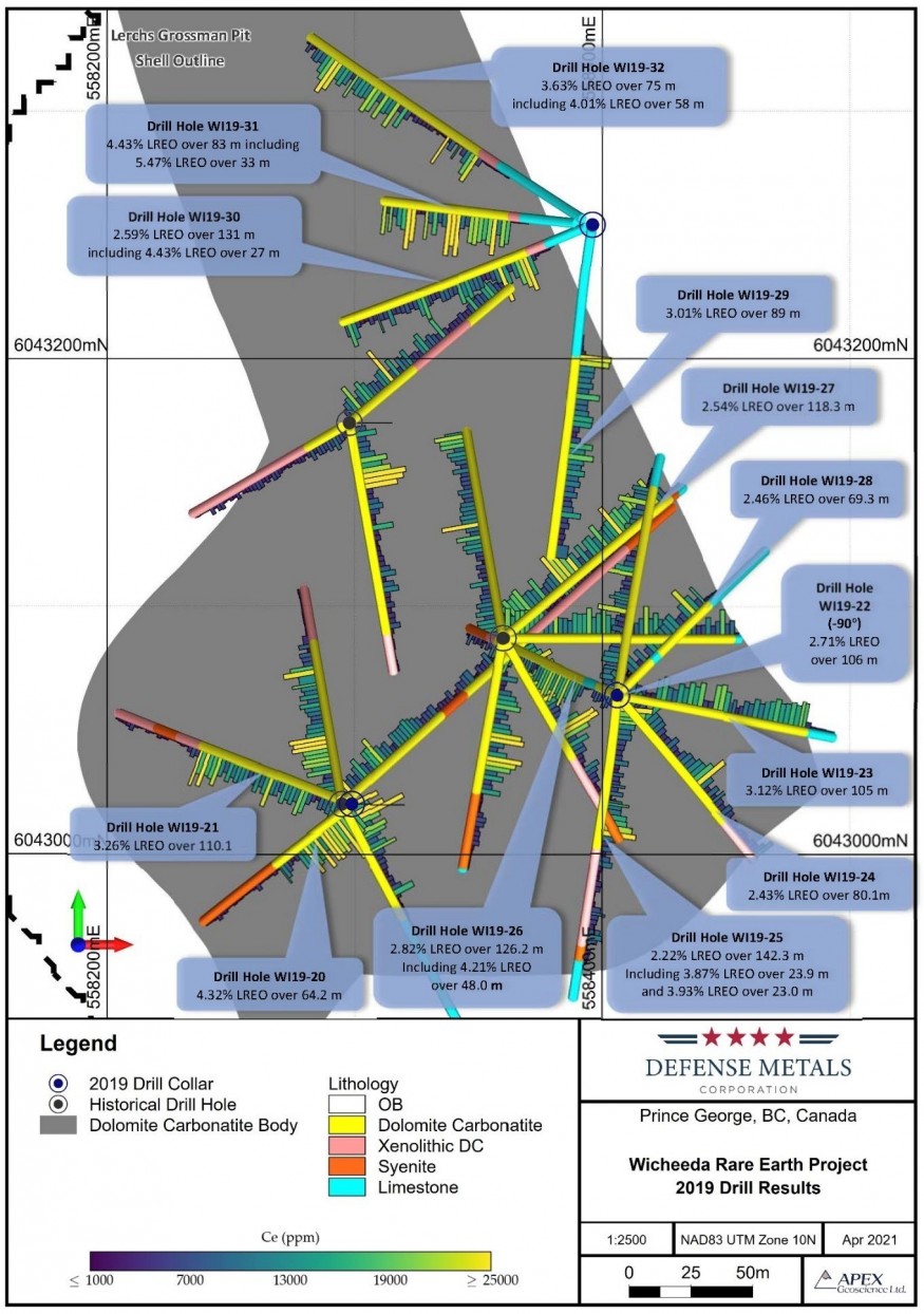 Figure 1. Wicheeda REE Deposit Drill Plan And 2019 Assay Results (CNW Group/Defense Metals Corp.)