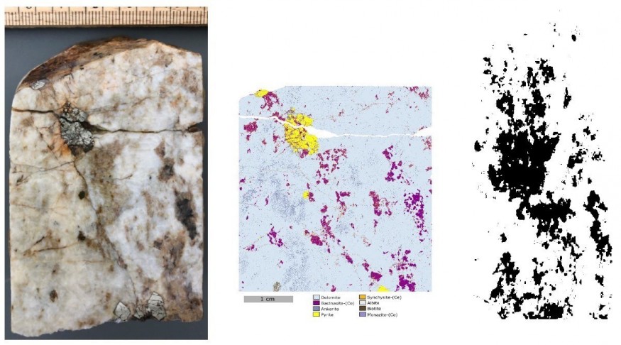 Figure 1. Wicheeda REE Drill Core (Left) Showing Bastnaesite Mineralization (Purple) QEMSCAN® (Middle), And Modified X-Ray Image (Right) (CNW Group/Defense Metals Corp.)