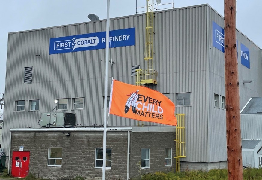 Every Child Matters flag hangs at half-mast outside the First Cobalt Refinery (CNW Group/First Cobalt Corp.)