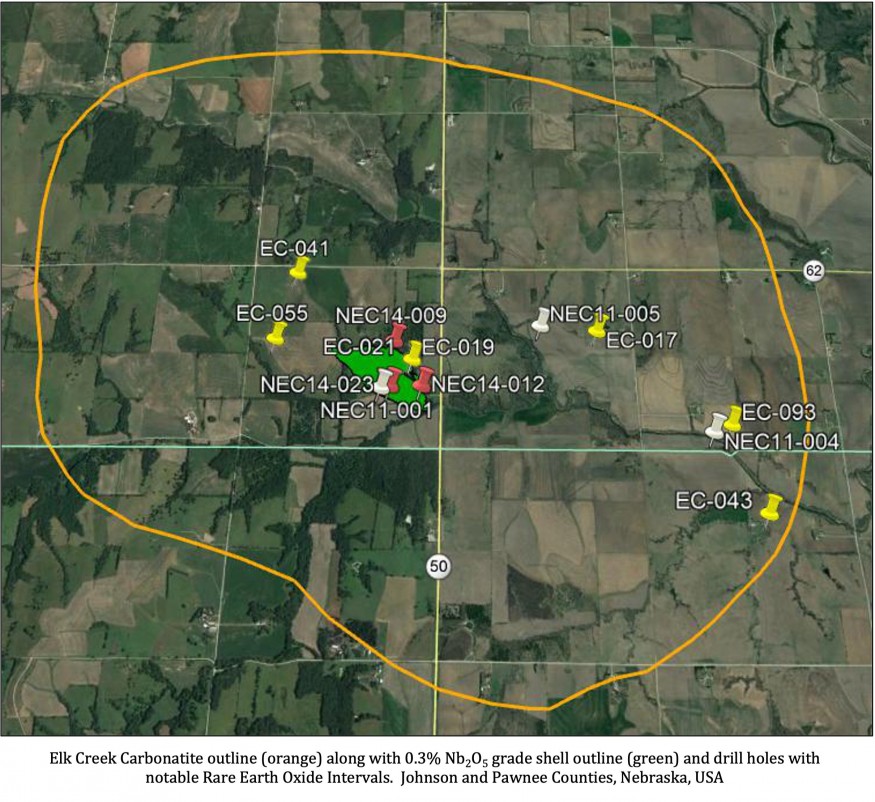 Elk Creek Carbonatite outline (orange) along with 0.3% Nb2O5 grade shell outline (green) and drill holes with notable Rare Earth Oxide Intervals.  Johnson and Pawnee Counties, Nebraska, USA