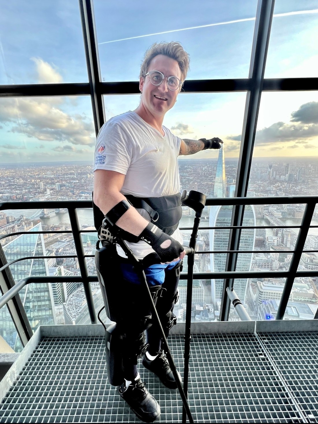 Simon Kindleysides atop Leadenhall Skyscraper in his ReWalk Exoskeleton