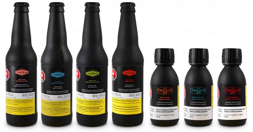 Tinley’s full Canadian cannabis-infused beverage lineup includes sparking, ready-to-drink Tinleys Classics™ mocktails, and multiple-occasion, liqueur and sprits-inspired Tinleys ’27™ varieties (artwork shown not final). 