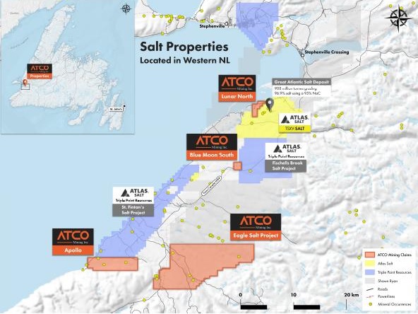ATCO MINING Acquires District Scale Footprint In St. Georges Bay Basin With The Acquisition Of The Eagle Salt Project 15km South Of Triple Point's Fischells Brook Salt Dome