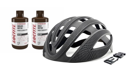 This bicycle helmet was 3D printed on the ETEC Xtreme 8K in Loctite 3D IND405™ Black while the clip was printed in Loctite 3D 3843. These two popular photopolymers, developed and produced by Henkel, are now qualified on the ETEC Xtreme 8K, the world’s largest DLP printer. (Photo: Business Wire)
