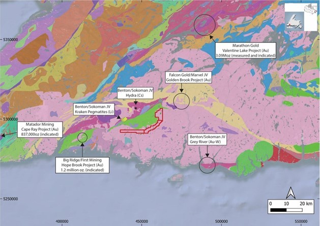 Figure 1: Location of the Big Hill Lithium Project showing other significant mineralization, Southern Newfoundland, Canada
