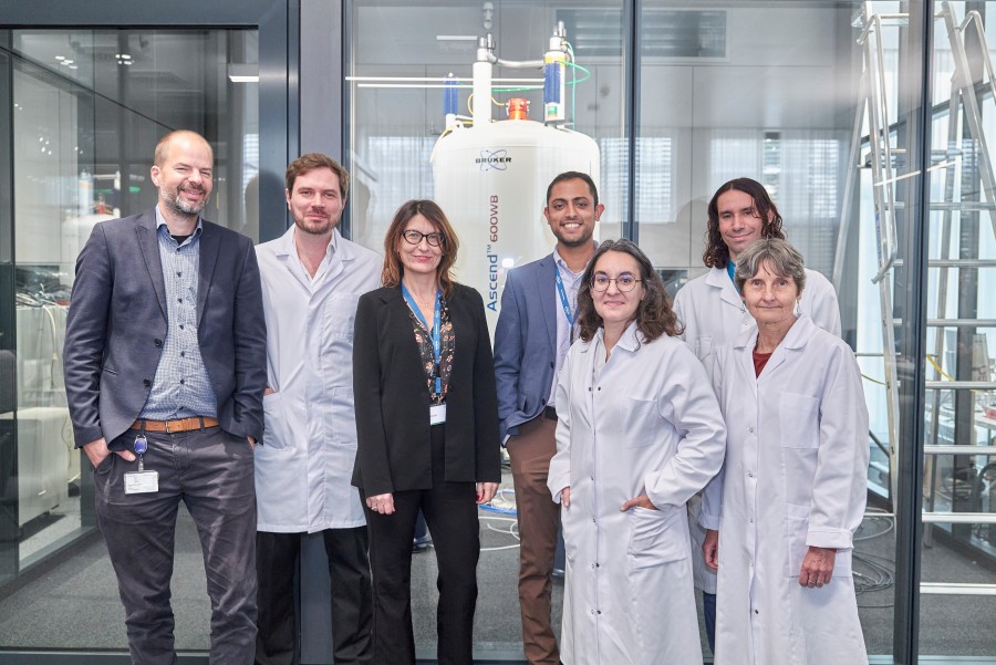 Dragonfly Energy with Bruker BioSpin Team standing in front of Bruker's NMR Instrument at Their Facility in Germany