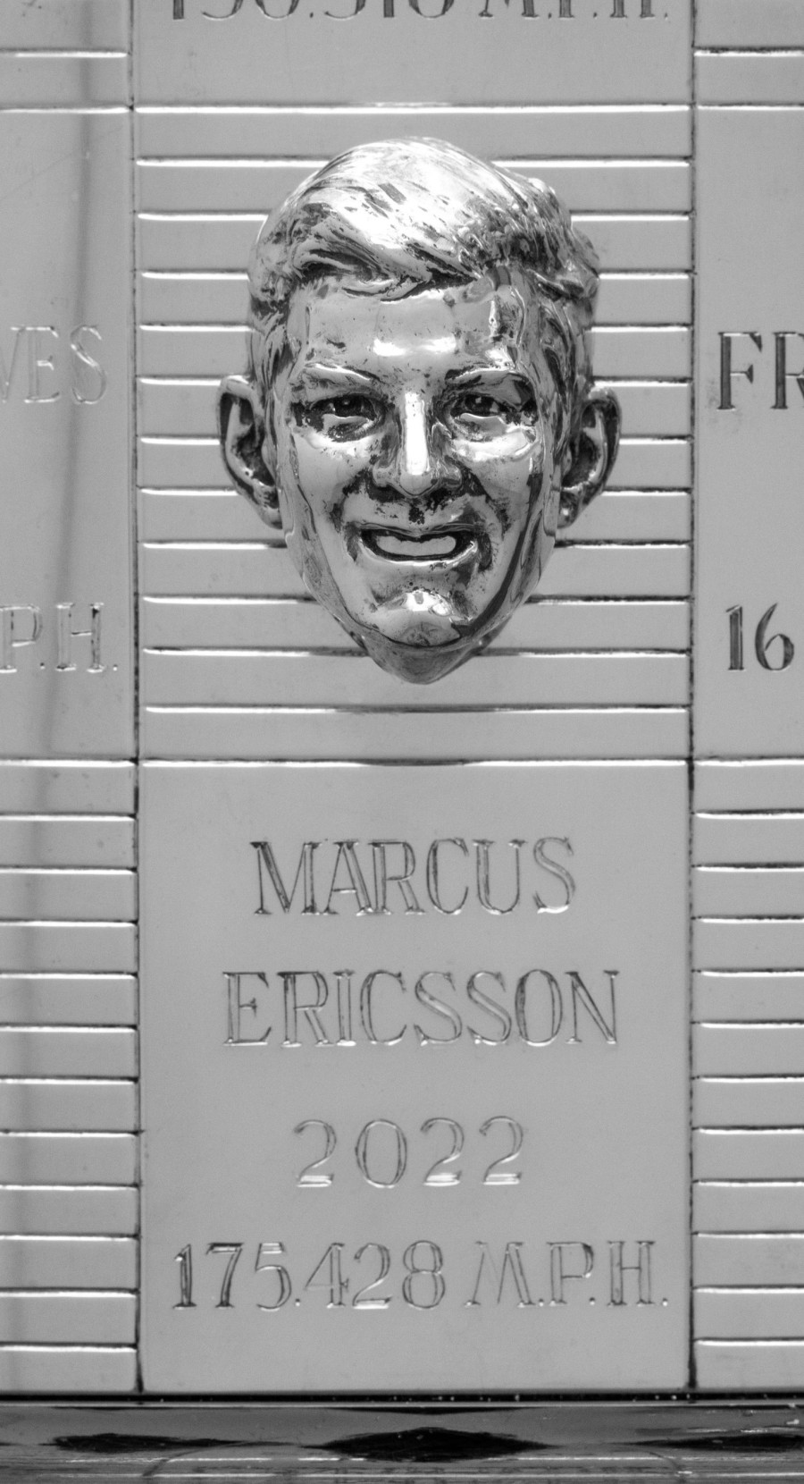 2022 Indianapolis 500 winner Marcus Ericsson’s image is permanently affixed to the Borg-Warner Trophy, along with his name, winning year and average speed.