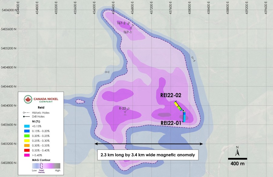 Figure 1 – Plan View of Reid – Drill Results Overlain on Total Field Magnetic Intensity. (CNW Group/Canada Nickel Company Inc.)