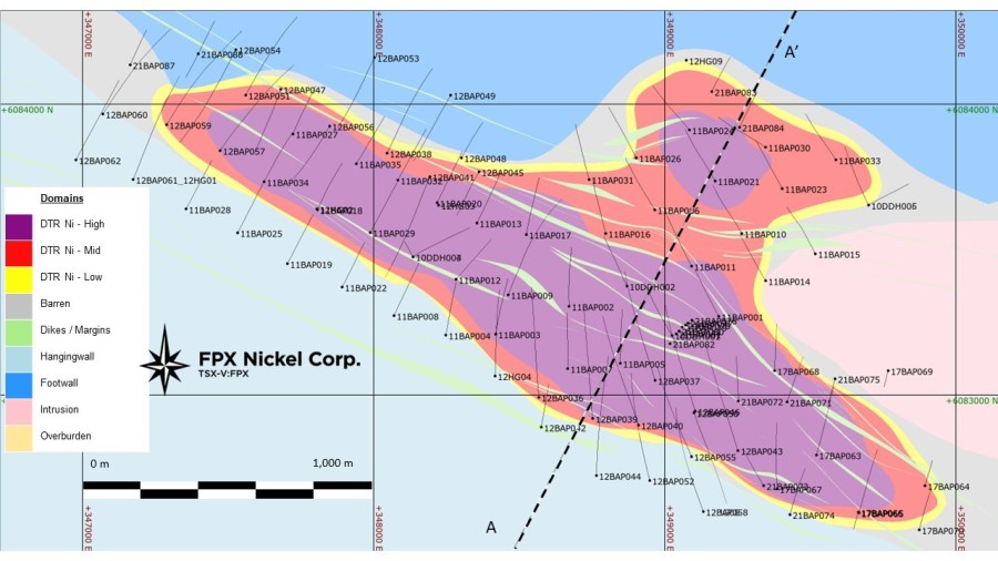 Figure 1:  Baptiste Deposit Plan View Grade Shells and Dike Swarms Within the Mineralized Peridotite (CNW Group/FPX Nickel Corp.)