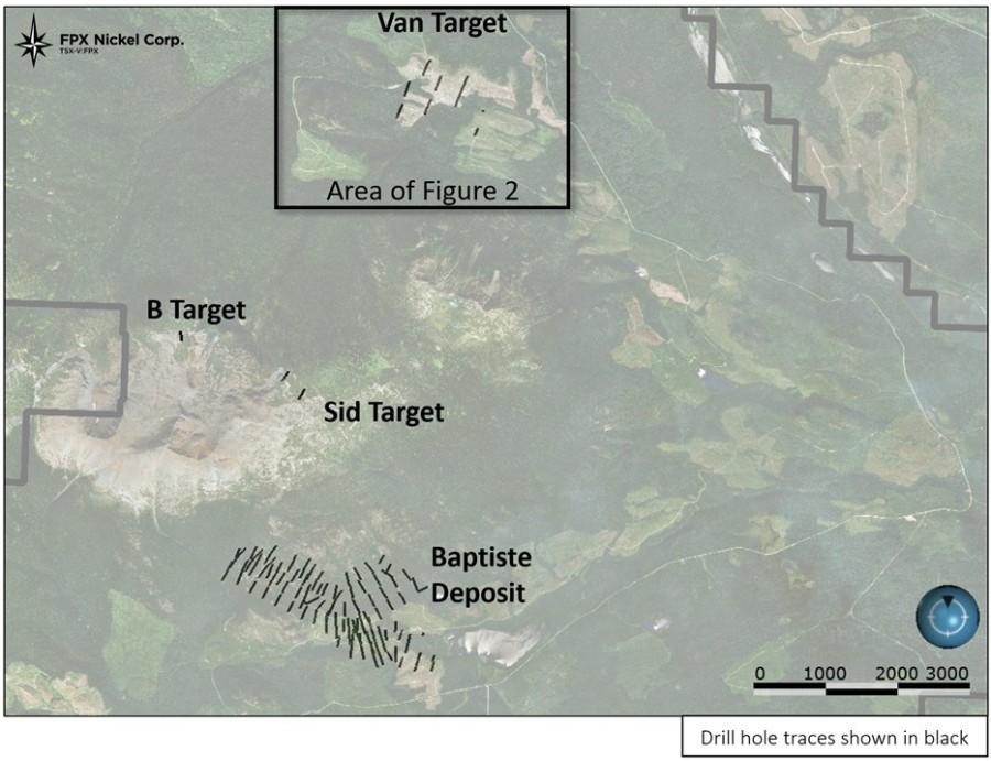 Figure 1: Decar Nickel District – Previous Drill Hole Locations at Baptiste, Van, Sid and B Target (CNW Group/FPX Nickel Corp.)