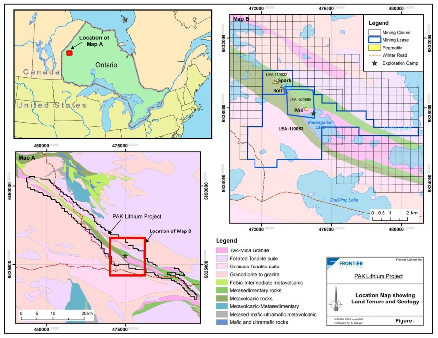 Figure 1: Location Map showing land tenure and geology (CNW Group/Frontier Lithium Inc.)