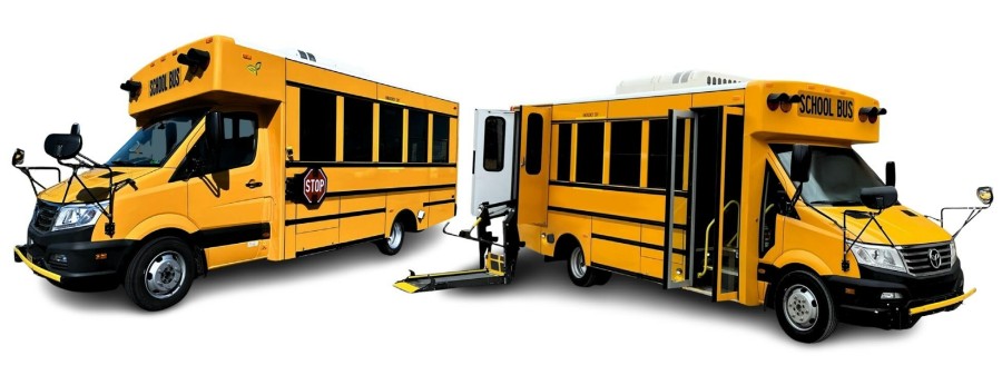 The GreenPower Type A all-electric Nano BEAST (left) and Nano BEAST Access (right)
being delivered to school districts in West Virginia this week are the first of GreenPower’s
purpose-built EV school buses manufactured at its South Charleston, West Virginia plant.