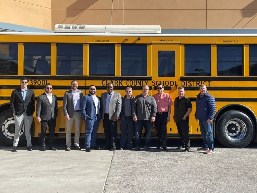 Clark County (Nevada) School District took delivery of its first Type D, all-electric BEAST from GreenPower Transportation Manager Mike Macias, President Brendan Riley, VP Michael Perez and Service Manager John Duncan in January 2023.