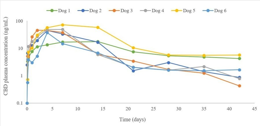 Figure 1: Plasma cannabidiol (CBD) concentrations (ng/mL) in 6 dogs with osteoarthritis before and up to 42 days (6 weeks) following a single subcutaneous liposomal CBD injection at 5 mg/kg.