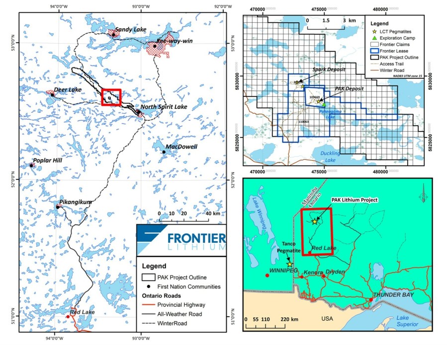 Figure 1: Location Map showing project area including the Spark Pegmatite (CNW Group/Frontier Lithium Inc.)