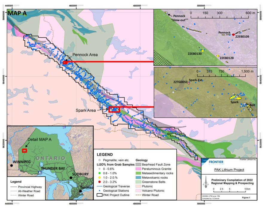 Figure 1:  Preliminary compilation of the 2022 Summer Mapping and Prospecting Program (CNW Group/Frontier Lithium Inc.)