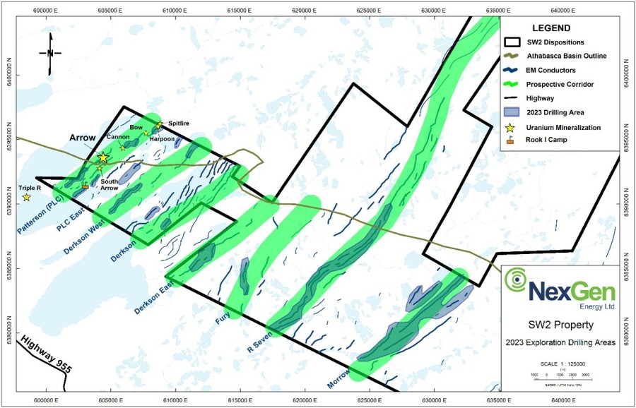 Figure 1: 2023 drill target areas (highlighted blue) across prospective corridors on the western half of NexGen’s SW2 property. (CNW Group/NexGen Energy Ltd.)