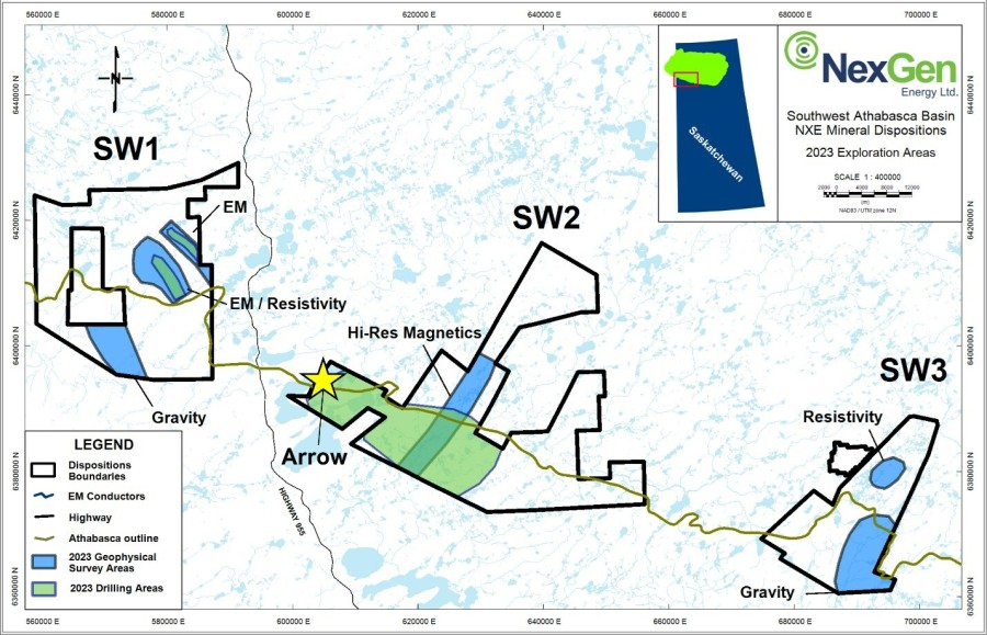 Figure 1: Overview of 2023 exploration across NexGen properties; geophysical surveys advance high priority areas in tandem with drilling of refined, prospective targets. (CNW Group/NexGen Energy Ltd.)