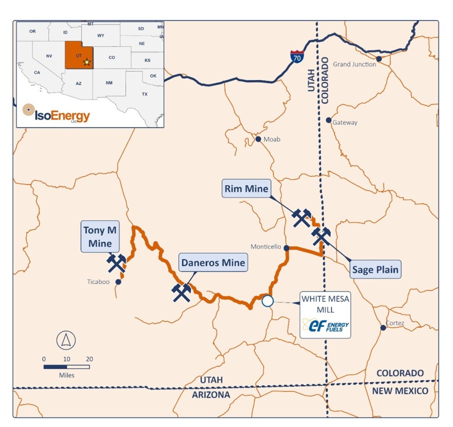 Figure 1 – Location map of the Tony M Mine, Rim Mine, Daneros Mine, and Sage Plain project in proximity to Energy Fuels’ White Mesa Mill, the only operational conventional uranium mill in the U.S. with licensed capacity of over 8Mlbs of U₃O₈ per year, located in Utah. (CNW Group/IsoEnergy Ltd.)