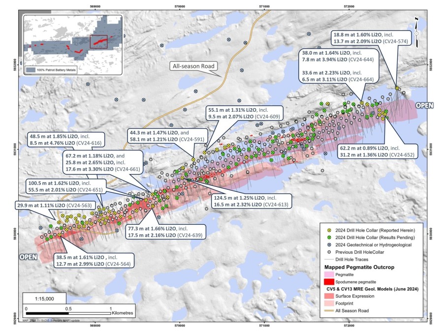 Figure 1: Drill holes completed to date at CV5 with result highlights in this announcement. (CNW Group/Patriot Battery Metals Inc.)