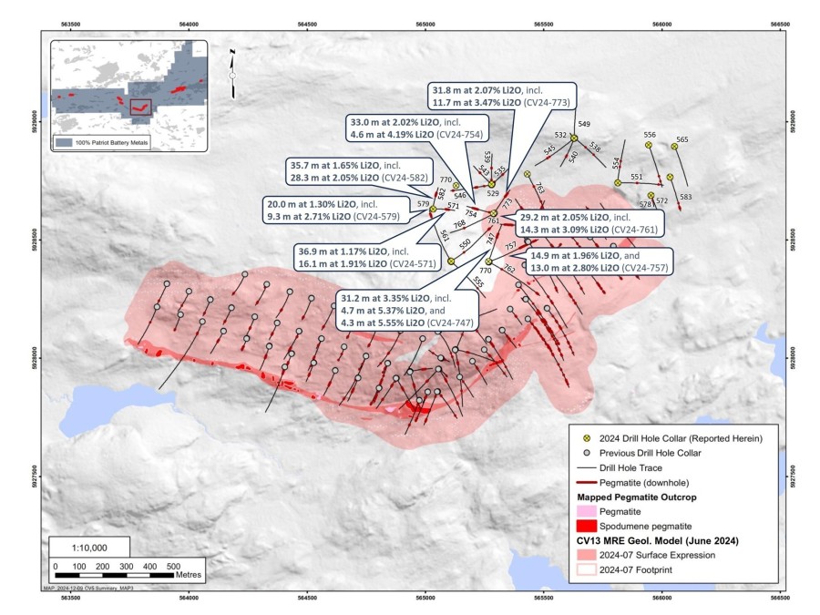 Figure 1: Drill holes completed to date at CV13. (CNW Group/Patriot Battery Metals Inc.)