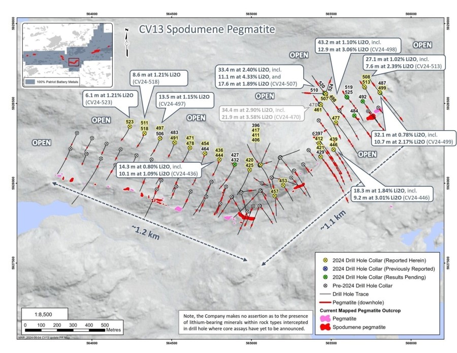 Figure 1: Drill holes completed at the CV13 Spodumene Pegmatite through April 2024. (CNW Group/Patriot Battery Metals Inc.)